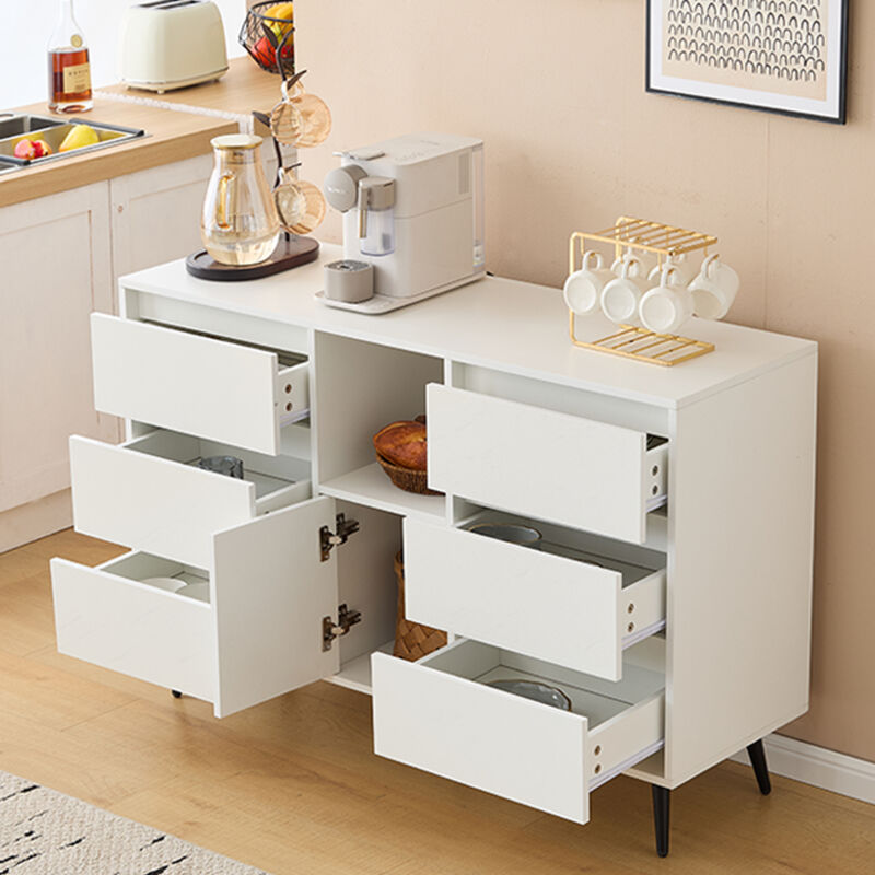 immagine 0 del prodotto okwish credenza moderna bianca con illuminazione a led, 6 cassetti silenziosi, ante push open, finitura lucida, gambe in metallo nero opaco,
