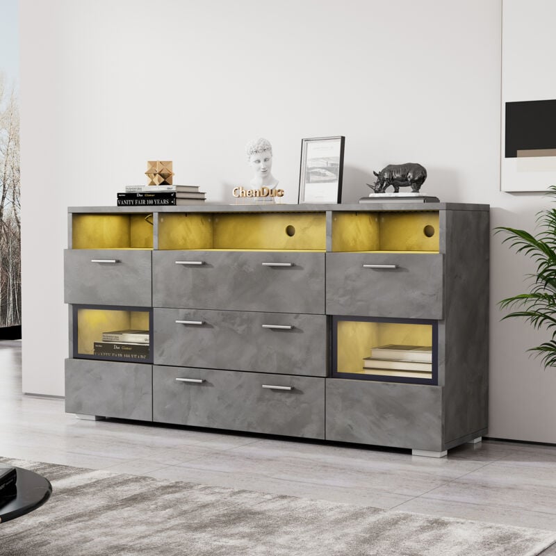 foto del prodotto okwish credenza moderna grigia da 140 cm con illuminazione a led e ante in acrilico trasparente, 2 ante, 3 cassetti pi vani a giorno, unit base,