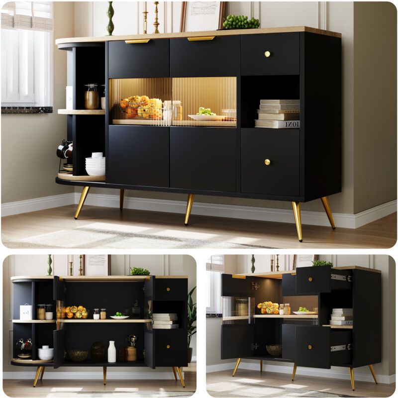 foto del prodotto okwish credenza per sala da pranzo, armadietti per soggiorno con ante scorrevoli in vetro e luci a led, credenza in legno, armadietti indipendenti,
