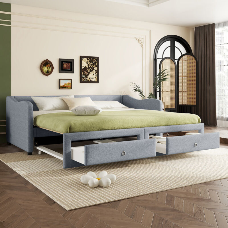 foto del prodotto okwish daybed, chaise longue 90x200 cm con letto estraibile, divano letto con due cassetti, letto singolo senza materasso , biancheria, stile