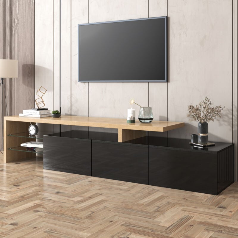 foto del prodotto okwish design moderno del mobile tv eleganza elegante, pratico spazio di archiviazione, nero lucido, aspetto legno, ripiani in vetro,