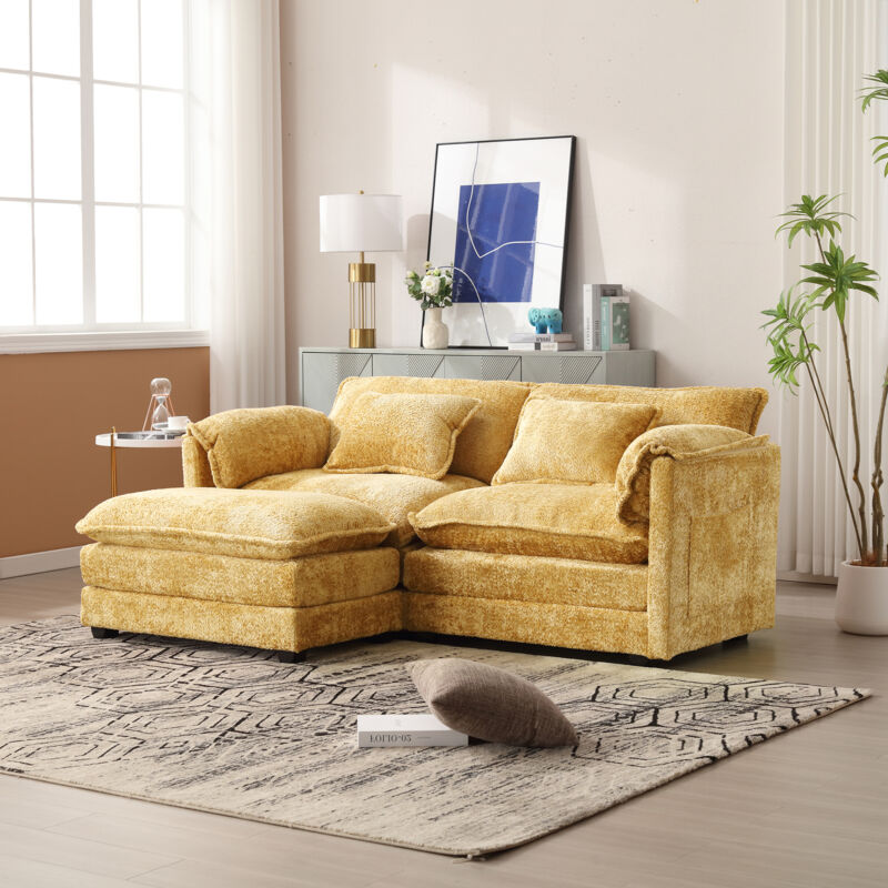 foto del prodotto okwish divano 2 posti moderno e minimalista con poggiapiedi, tessuto ciniglia, con contenitori laterali e cuscini, comodo e spazioso, adatto per
