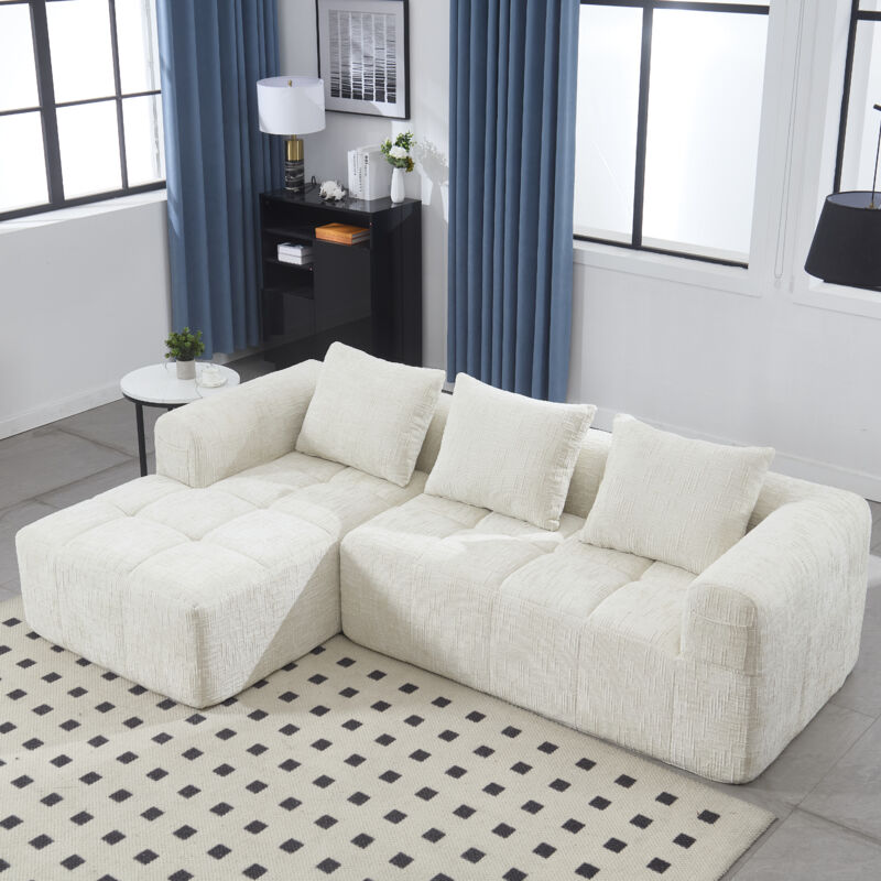 foto del prodotto okwish divano a l, per 3 persone, non richiede installazione, in ciniglia con braccioli, 3 cuscini, tasca laterale, beige