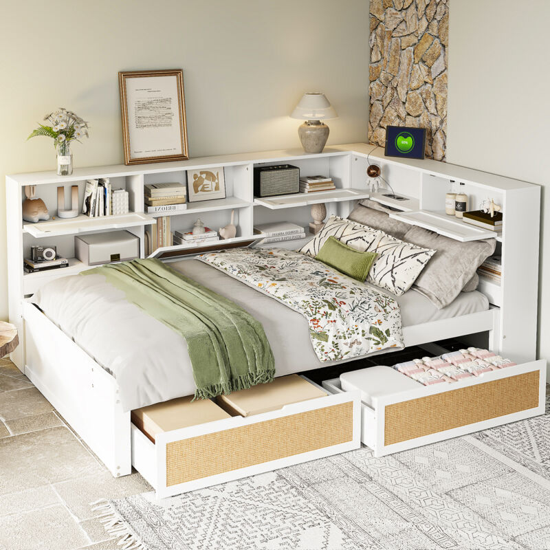 foto del prodotto okwish divano letto 140x200 cm con cassetto, ampio spazio di archiviazione e porta di ricarica, legno massello, bianco