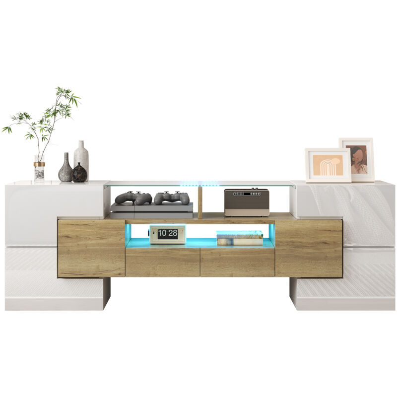 foto del prodotto okwish - elegante mobile porta tv, credenza bassa. bianco lucido, 145 cm, illuminazione led, mobili soggiorno. superficie in vetro elegante dal design moderno.