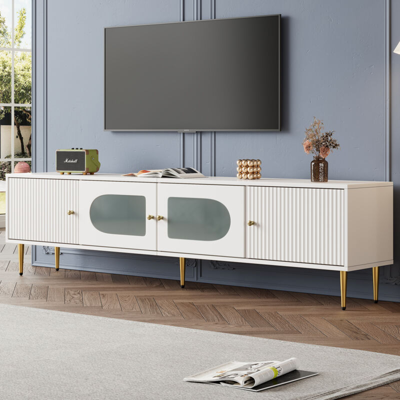 foto del prodotto okwish elegante mobile tv 1703550 cm corpo bianco con gambe e maniglie dorate, 2 ante con scanalature verticali, 2 ante con vetro curvato,