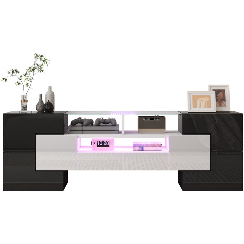 foto del prodotto okwish elegante mobile tv, mobile basso. bianco lucido, 145 cm, illuminazione led, mobili soggiorno. design moderno. elegante superficie in vetro.