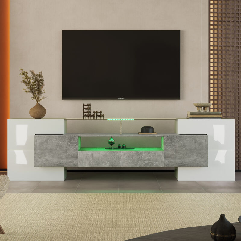 foto del prodotto okwish elegante mobile tv, mobile basso, bianco lucido, 200 cm, illuminazione a led, mobile da soggiorno. design moderno. elegante superficie in