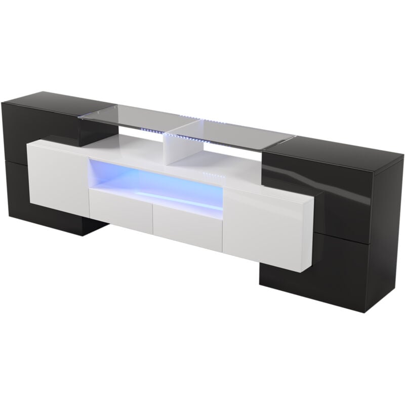 foto del prodotto okwish - elegante mobile tv, pannello basso. mobile da soggiorno con illuminazione a led da 200 cm bianco e nero lucido. design moderno. elegante superficie in vetro
