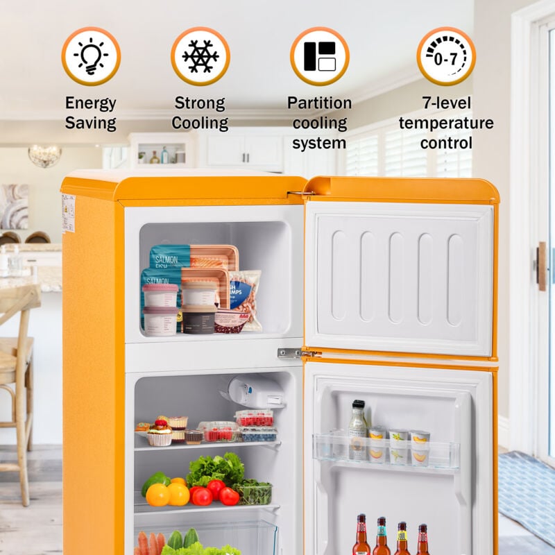 foto del prodotto okwish frigo retr . combinazione congelatore. 86,8 cm di altezza, 45,5 cm con volume totale 60 litri, volume congelatore 22 litri. 163 kwh anno,