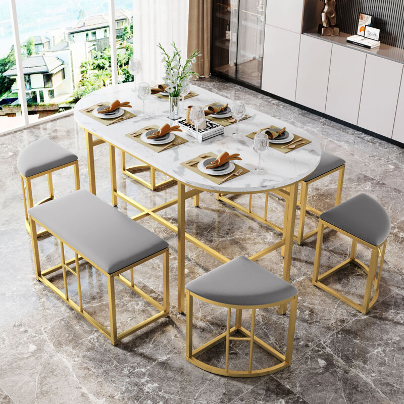 foto del prodotto okwish gruppo da pranzo set, con tavolo da pranzo, 4 sgabelli piccoli e 2 sgabelli grandi , set tavolo da pranzo da cucina con struttura in