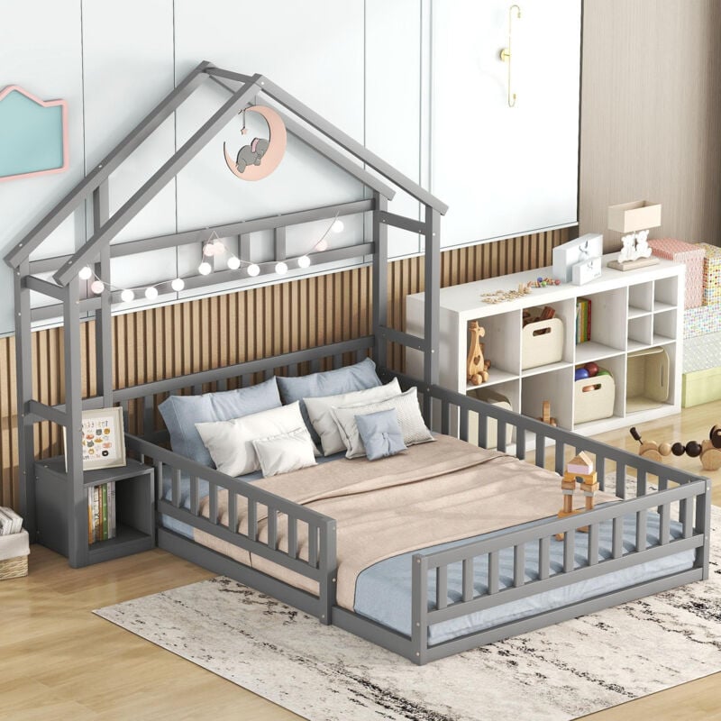 foto del prodotto okwish letti per bambini 140 x 200 cm, letti piani, letti a casa con ringhiera, letti per bambini con comodini, grigio