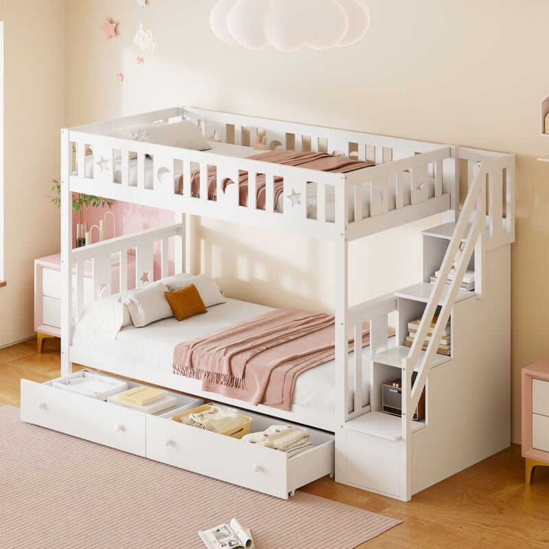 foto del prodotto okwish letto a castello 90x200 cm, letto per bambini con scaletta contenitore, due cassetti grandi e rete a doghe, legno massello, bianco