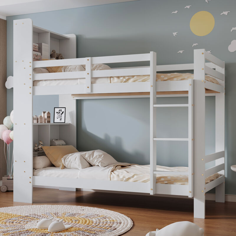 foto del prodotto okwish letto a castello con ripiani e scala a tre gradini ad angolo retto letto contenitore in legno struttura letto in legno massello bianco