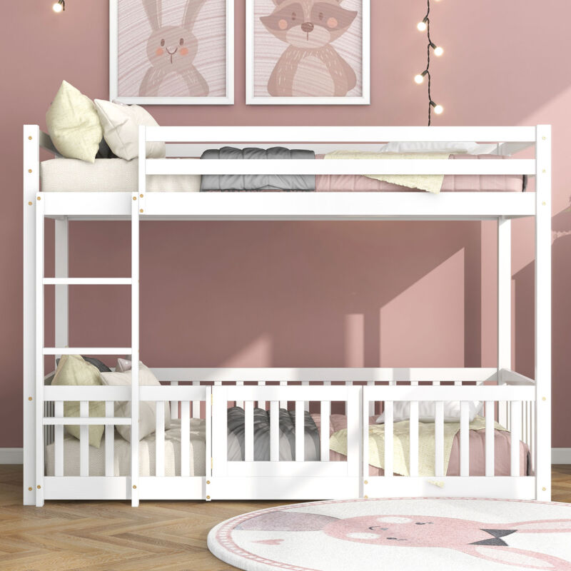 foto del prodotto okwish letto a castello con scala ad angolo retto, letto con recinzioni e porte, letto per bambini con protezione anticaduta e sbarre, legno
