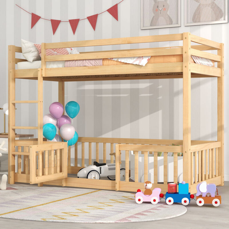 foto del prodotto okwish letto a castello con scala ad angolo retto, letto con recinzioni e porte, letto per bambini con protezione anticaduta e sbarre, legno