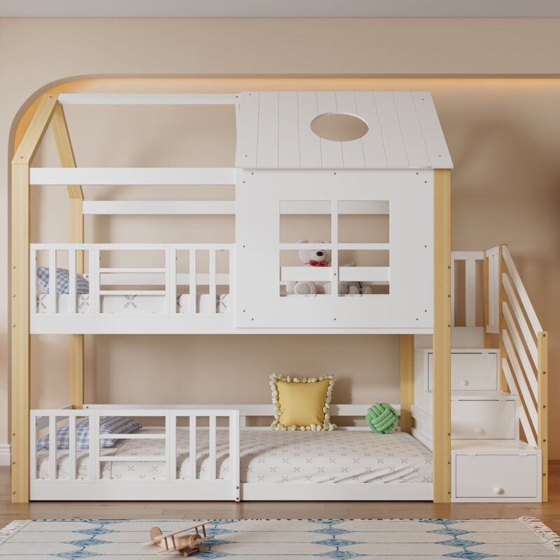 foto del prodotto okwish letto a castello con scala contenitore, letto a casetta, letto per bambini, con griglia di protezione anticaduta, con finestra e tetto,