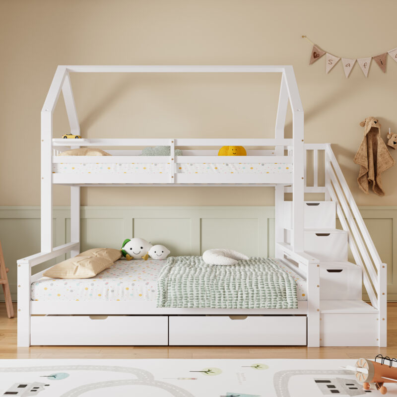 foto del prodotto okwish letto a castello con scala, letto a castello, letto per bambini, tre letti, con cassetti e ripiano, con griglia anticaduta, struttura letto