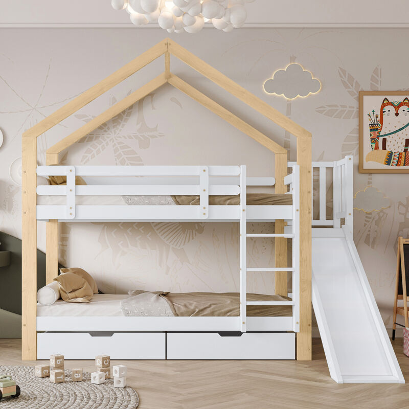 foto del prodotto okwish letto a castello con scivolo e scala angolare a tre gradini, letto a soppalco con protezione anticaduta e 2 cassetti, struttura in legno