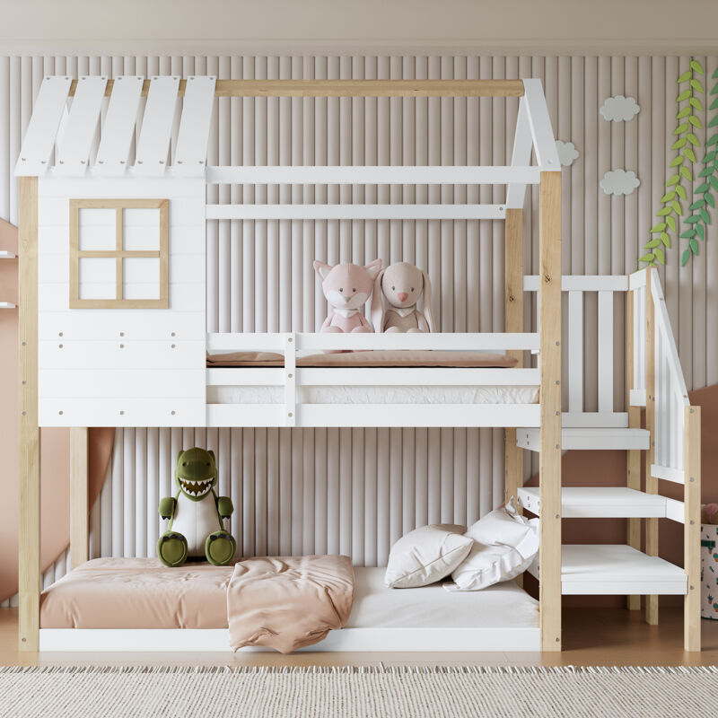foto del prodotto okwish letto a castello, letto angolare a scala, letto a casa, letto per bambini con protezione anticaduta e sbarre, con finestra, design unico del