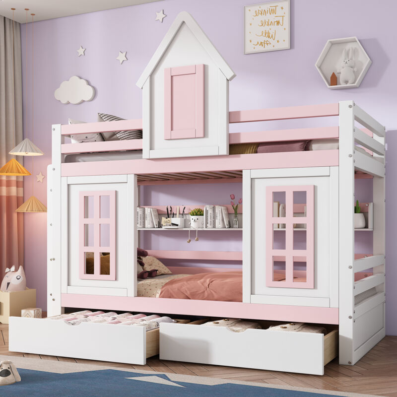 foto del prodotto okwish letto a castello, letto principessa, lettino per bambini, lettino per bambini con tetto e finestra, con griglia anticaduta, stabile