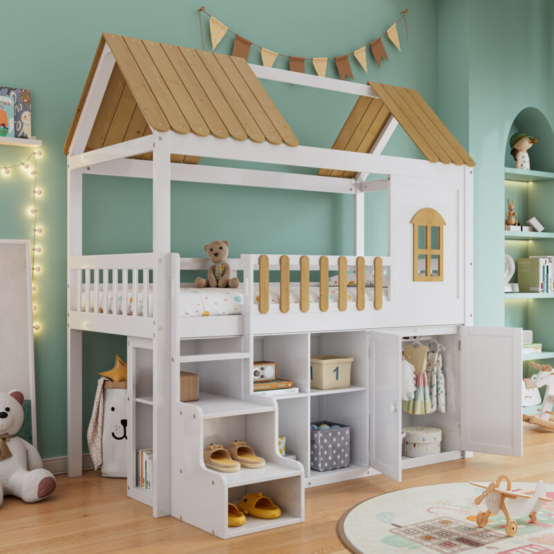 foto del prodotto okwish letto a castello, molto spazio per riporre gli oggetti, letto in legno, con armadio, con finestra, struttura in pino, con scarpiera, gradini