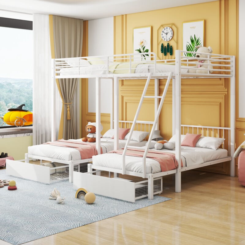 foto del prodotto okwish letto a castello triplo con cassetti, struttura letto in metallo trasformabile in letto matrimoniale 140 x 200 e due letti singoli 90 x 200,