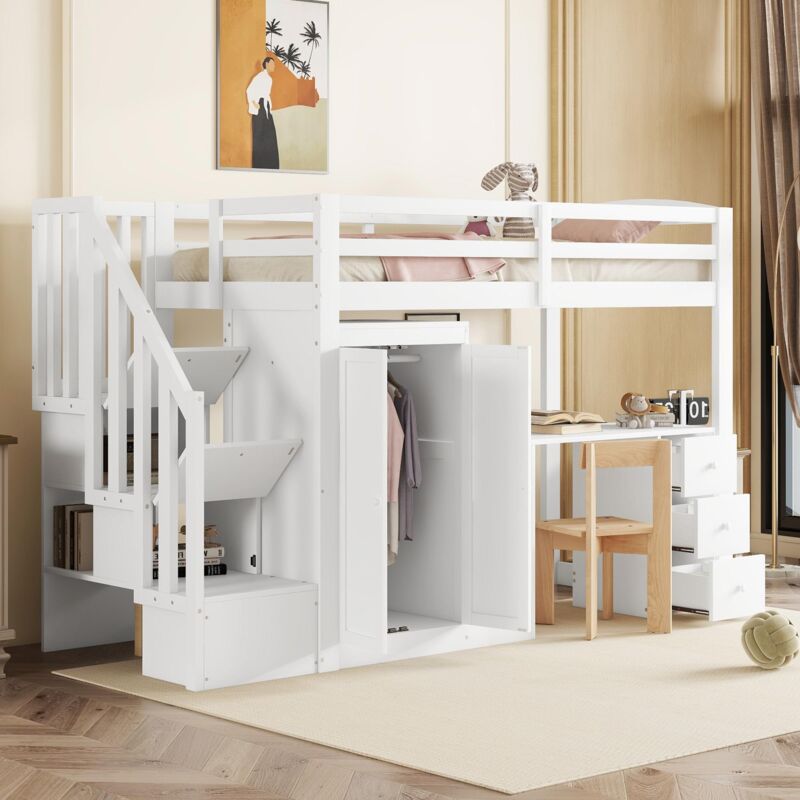 foto del prodotto okwish letto a soppalco, 90 x 200 cm, letto con rete a doghe senza materasso , letto con armadio e scaletta, scrivania, cassettiera e armadio,