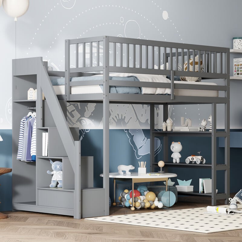 immagine 0 del prodotto okwish letto a soppalco 90 x 200, mobili di sicurezza di design di alta qualit con armadio, ripiani e spazio di stivaggio con scala di sicurezza,