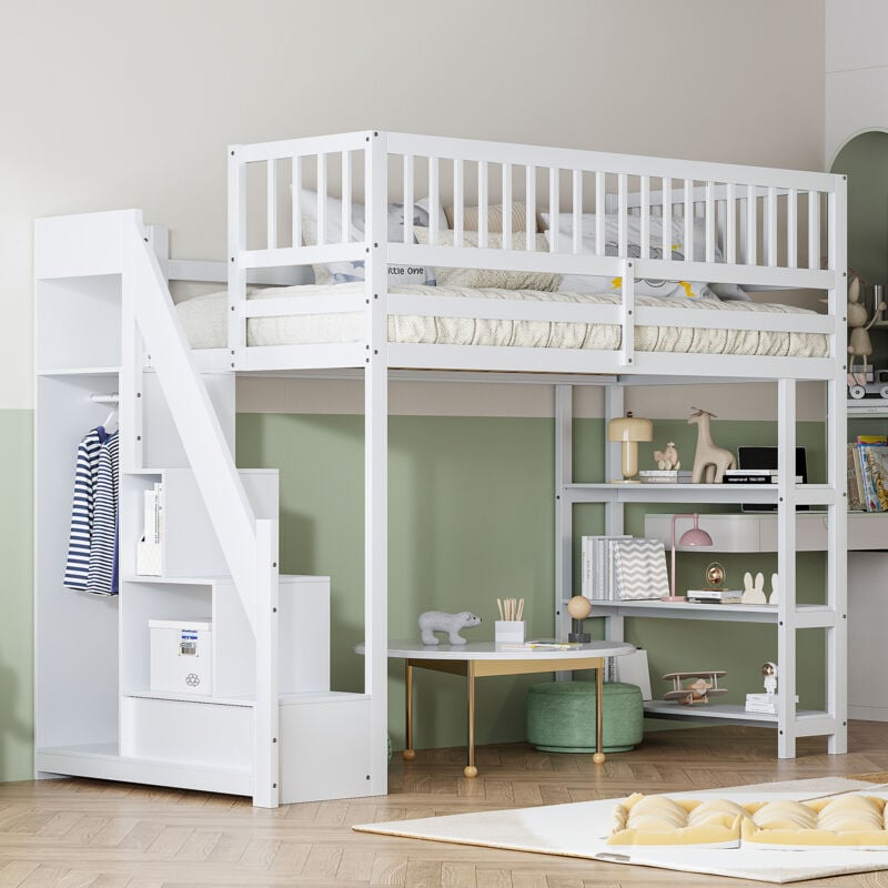 foto del prodotto okwish letto a soppalco 90 x 200, mobili di sicurezza di design di alta qualit con armadio, ripiani e spazio di stivaggio con scala di sicurezza,