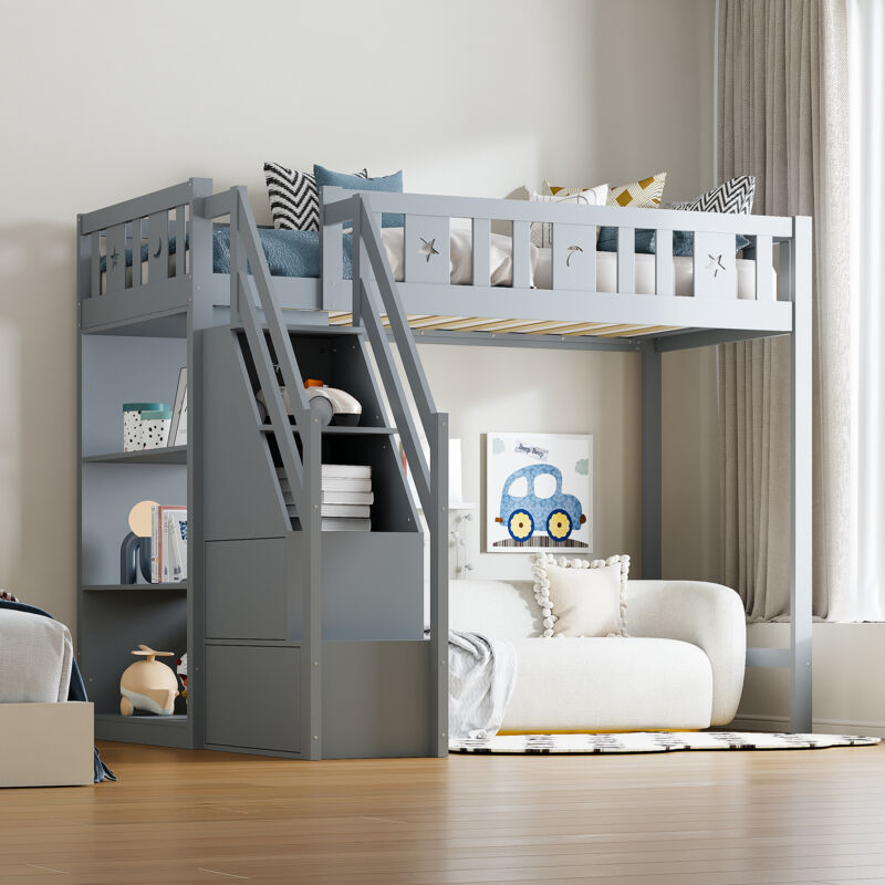 foto del prodotto okwish letto a soppalco 90200 cm, con scala portaoggetti e ripiani, letto singolo in legno, letto per ragazzi, lettino per bambini, struttura in