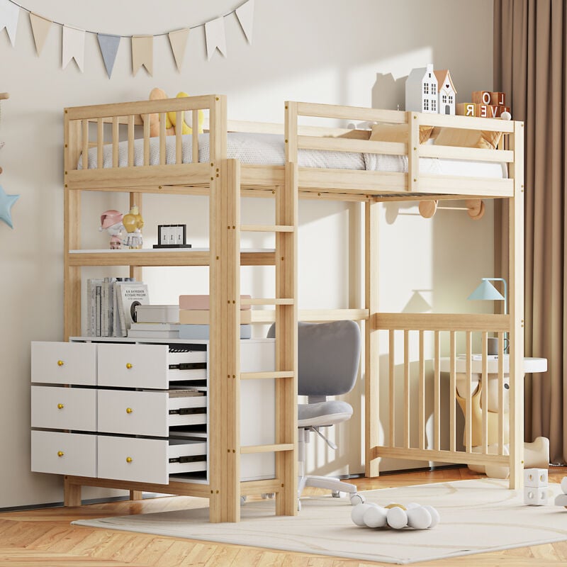 foto del prodotto okwish letto a soppalco 90200 cm, scala di sicurezza verticale, cassetti e ripiani, design con recinzione alta, rete a doghe, letto in legno di