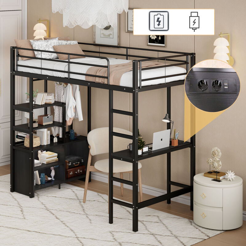 foto del prodotto okwish letto a soppalco, 90200 cm, senza materasso, letto con scrivania, con presa e usb, diversi ripiani, armadio aperto, ringhiera, scala,