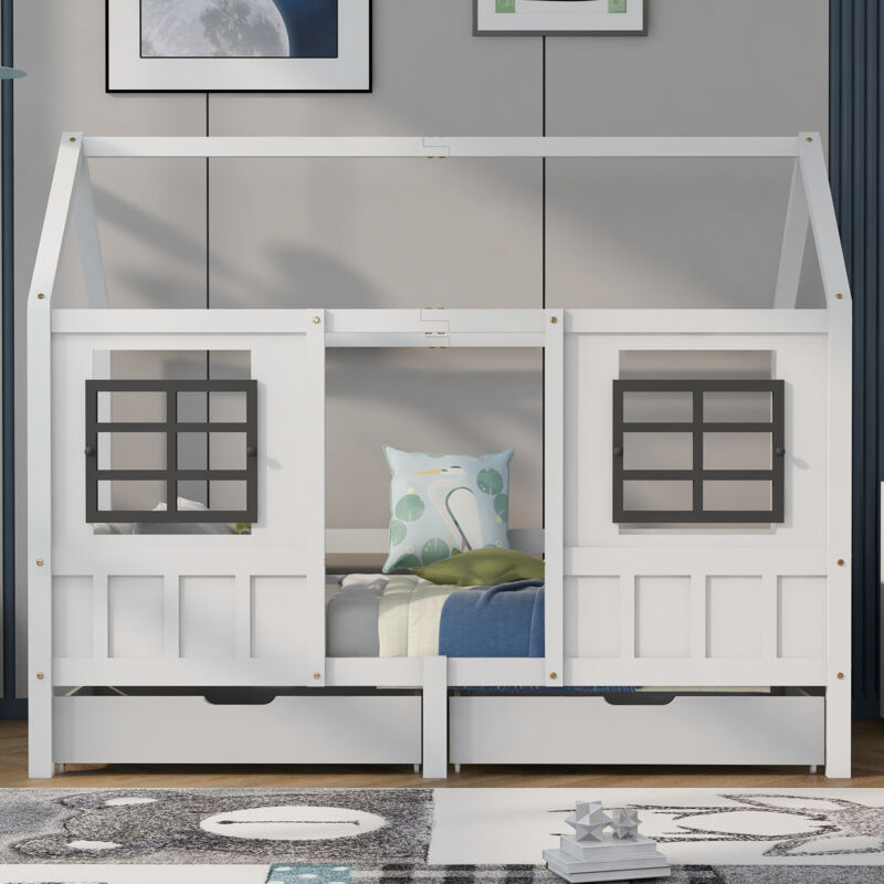 foto del prodotto okwish letto a soppalco con 2 cassetti, letto singolo, divano letto, lettino per bambini con 2 finestre, struttura in pino, mdf, bianco 200x90 cm 