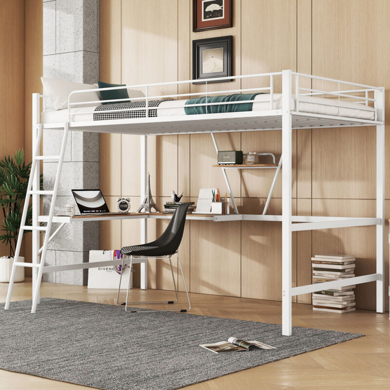 foto del prodotto okwish letto a soppalco, letto in metallo con giroletto 90x200 cm, letto in ferro, letto a soppalco con scrivania ad l e ripiano per bambini,