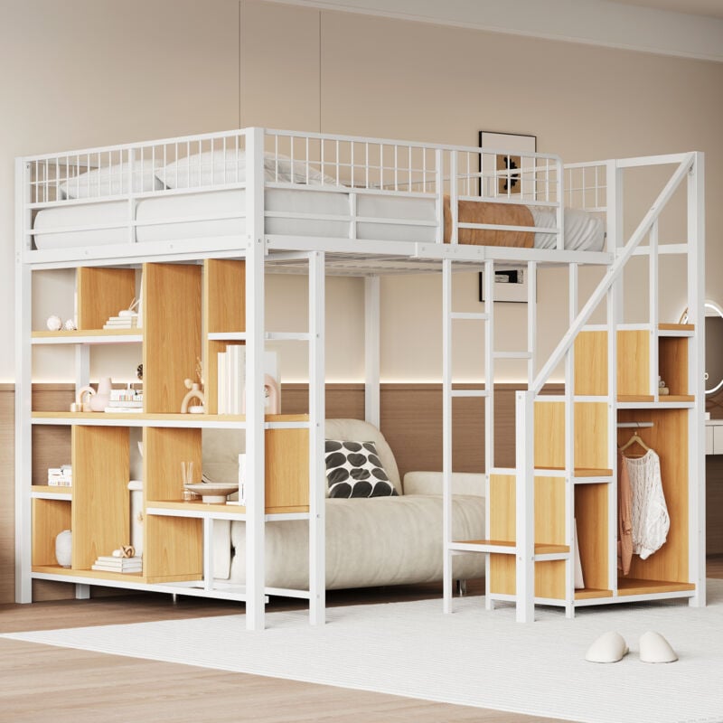 foto del prodotto okwish letto a soppalco multifunzionale 140 x 200 cm, letto in metallo con contenitore, ripiani e scale, letto per adulti e lettino per bambini