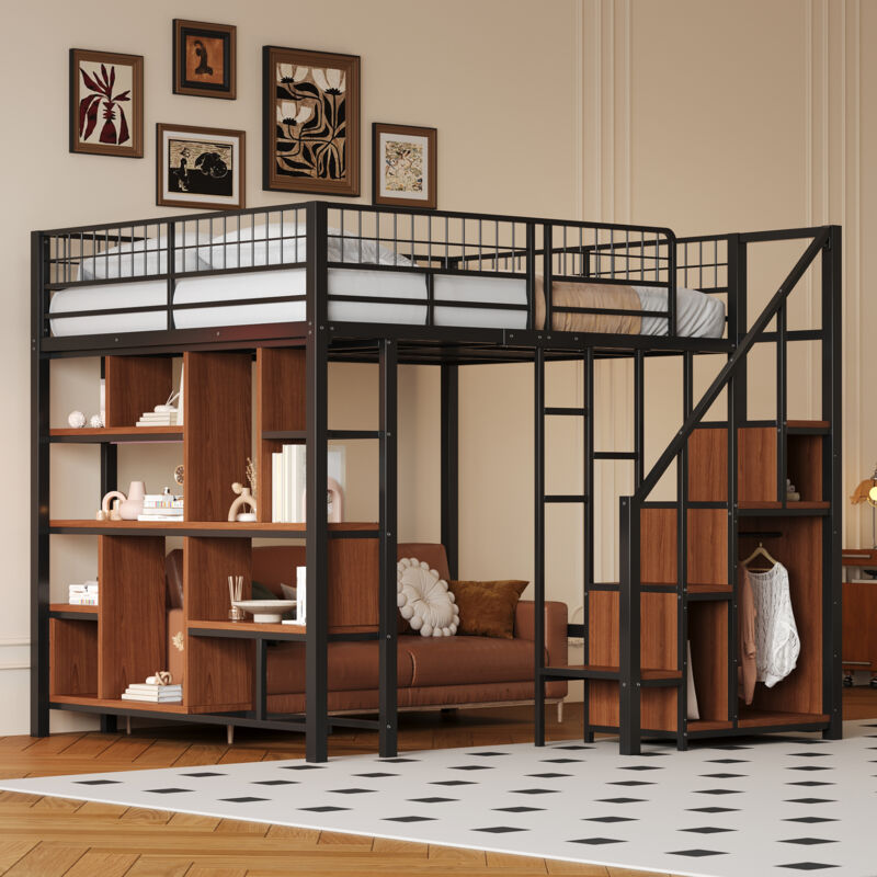 foto del prodotto okwish letto a soppalco multifunzionale 140 x 200 cm, letto in metallo con contenitore, ripiani e scale, letto per adulti e lettino per bambini