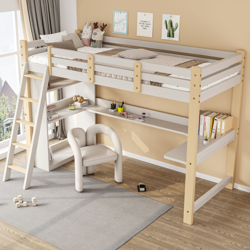foto del prodotto okwish letto a soppalco per bambini 90x200 cm con strisce di protezione e rete a doghe, letto per bambini con scaletta inclinata, scrivania e