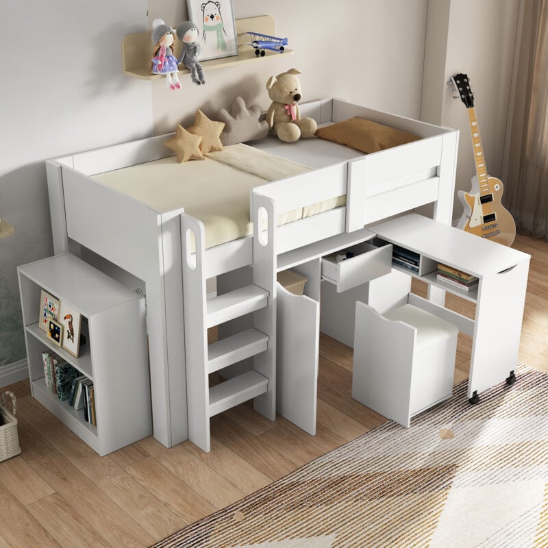 foto del prodotto okwish letto a soppalco per bambini, letto multifunzionale per bambini, con scaletta, con scrivania telescopica, con armadio estraibile, con