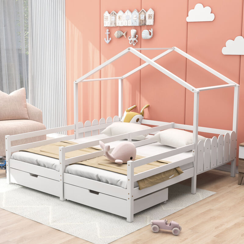 foto del prodotto okwish letto di casa, letto matrimoniale, lettino per bambini, lettino con 2 cassetti in mdf, cassetti su ruote, rete a doghe di pino, bianco