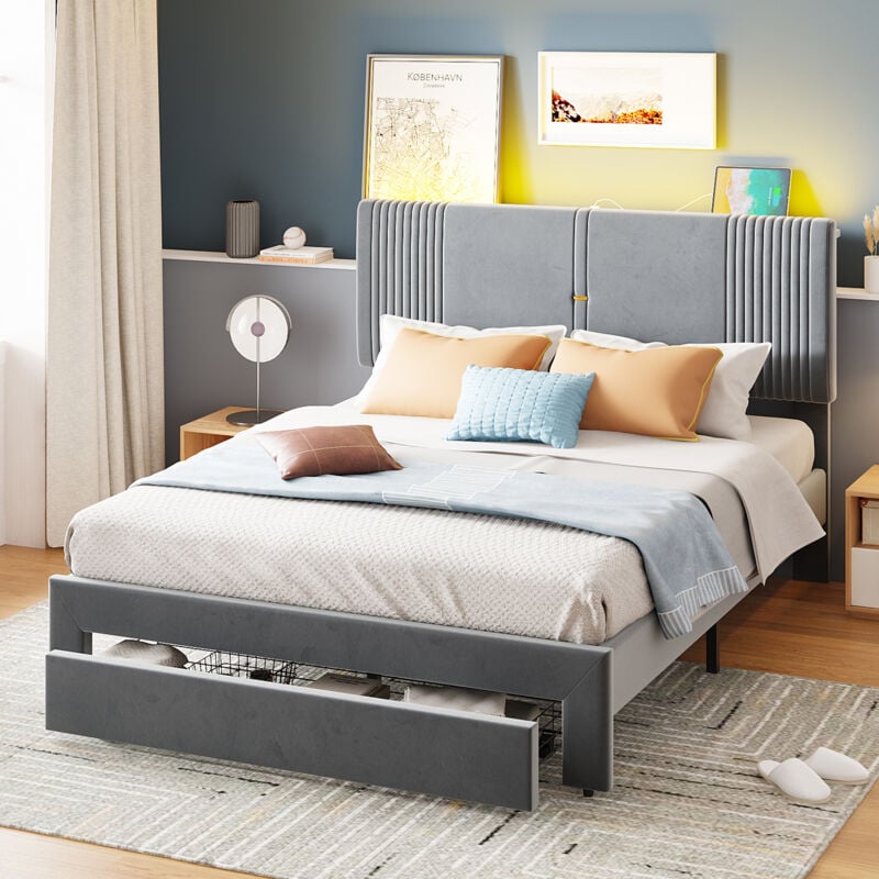 foto del prodotto okwish - letto imbottito 140 x 200 cm, letto matrimoniale con striscia luminosa e presa usb, schienale e ampio cassetto, letto matrimoniale delicato sulla pelle in tessuto di velluto, adatto per adulti e ragaz