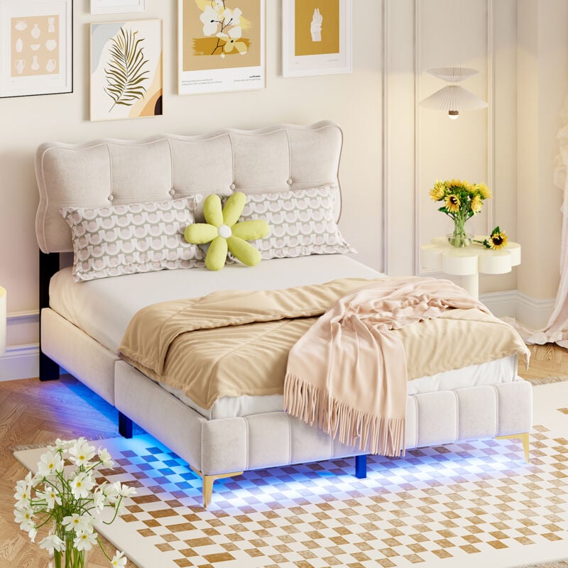 foto del prodotto okwish letto imbottito 140 x 200 cm, letto ragazzi, letto matrimoniale con luci led con schienale con rete a doghe in tessuto velluto piedini alti