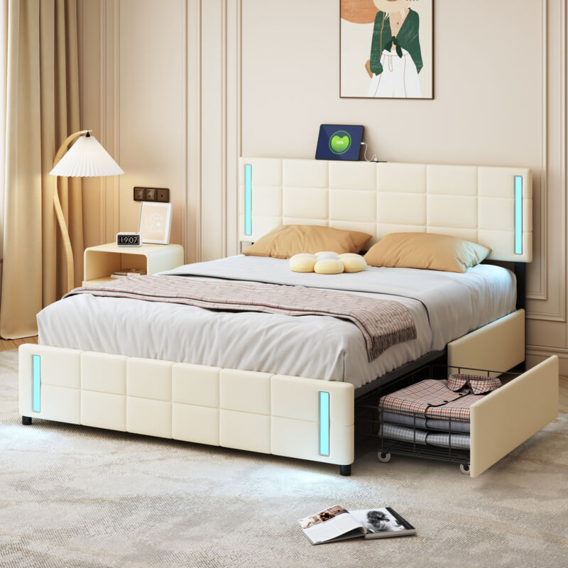foto del prodotto okwish letto imbottito 140200 cm con presa luce led 4 cassetti biancheria delicata sulla pelle letto singolo imbottito letto per bambini letto per