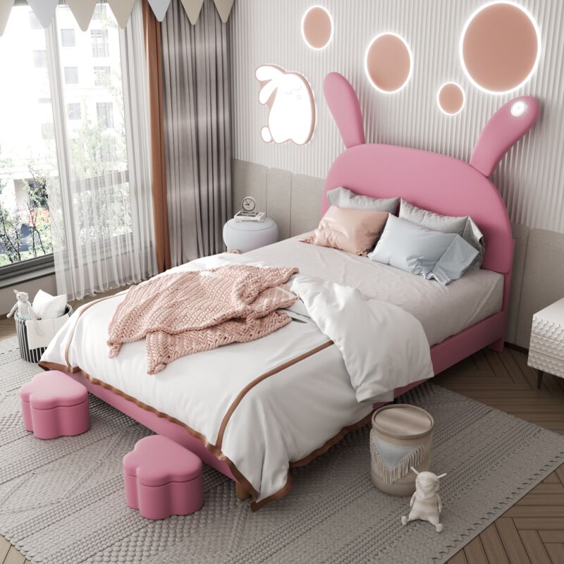 foto del prodotto okwish letto imbottito 140x200, con due sgabelli contenitori, illuminazione comodino a led, orecchie di coniglio pieghevoli, senza materasso, letto