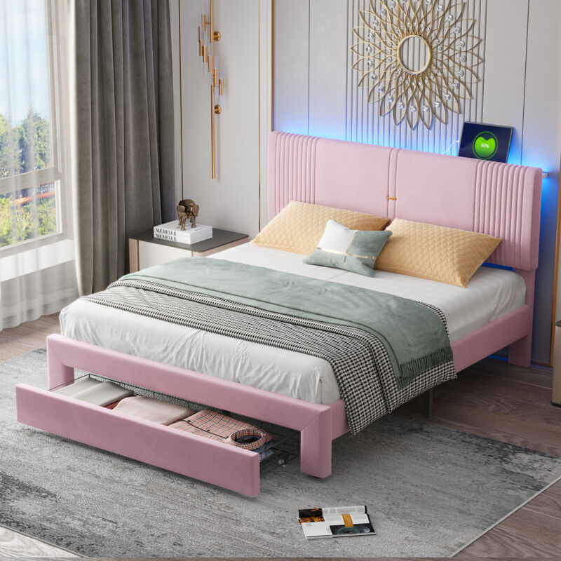 foto del prodotto okwish letto imbottito 160 x 200 cm, letto matrimoniale con striscia luminosa e presa usb, schienale e ampio cassetto, letto matrimoniale in