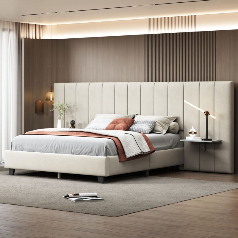 foto del prodotto okwish letto imbottito 160 x 200 cm, letto matrimoniale con testiera e schienale allungati, ripiani su entrambi i lati della testiera, con rete a