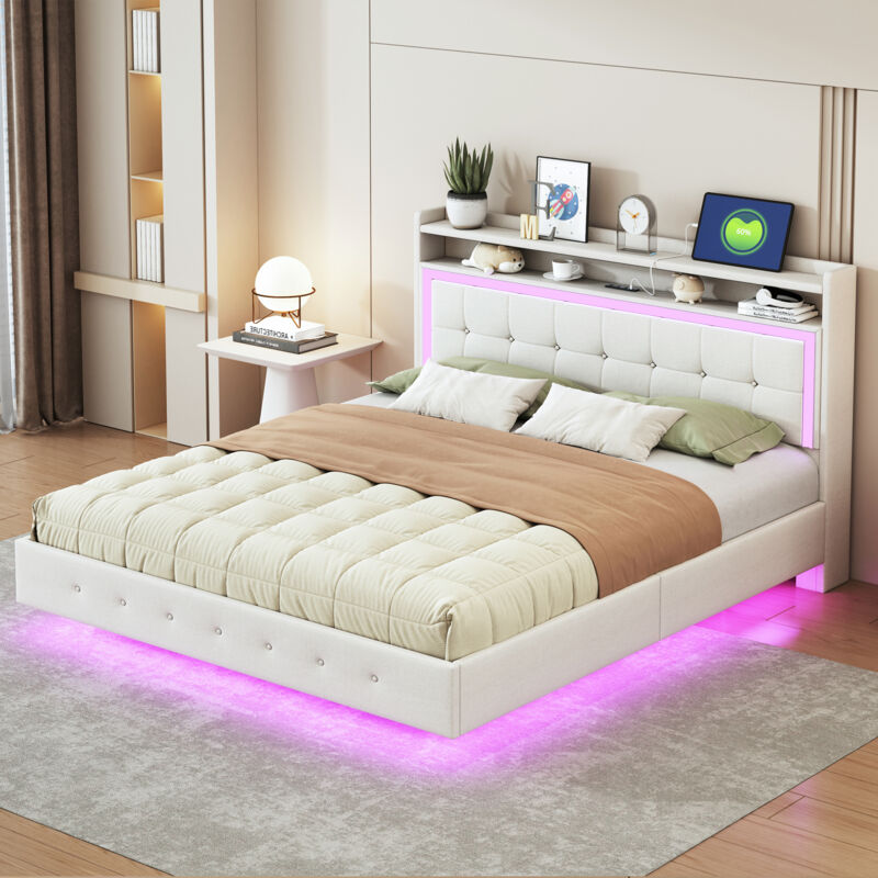 foto del prodotto okwish letto imbottito 160200, con presa usb e illuminazione led, letto posizionabile a testata, piedino di design nascosto, letto matrimoniale