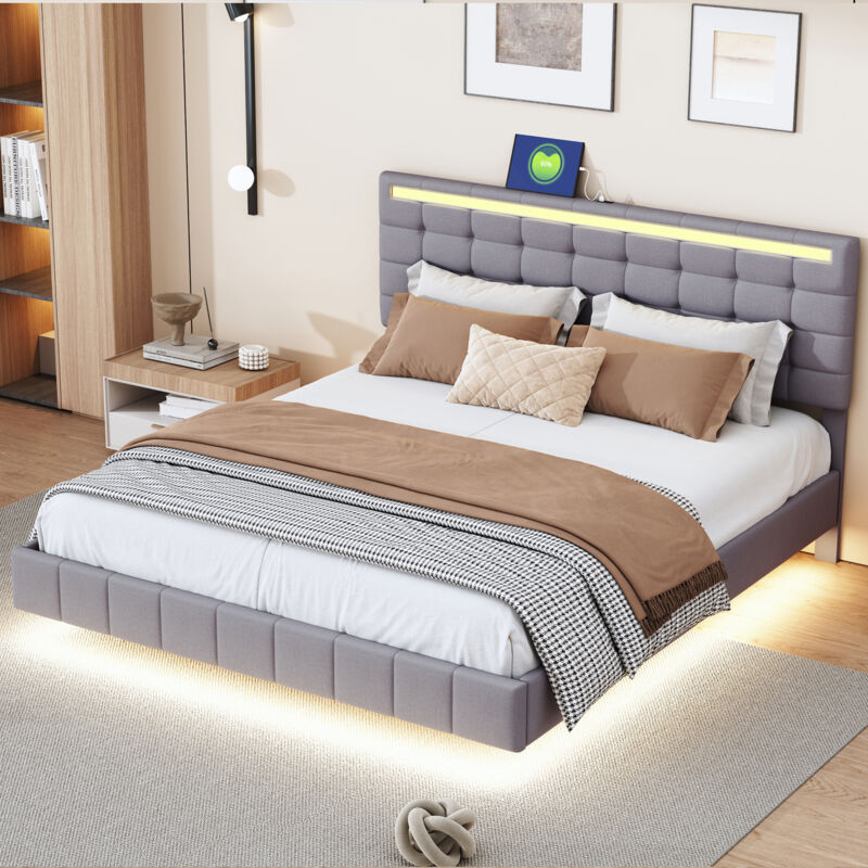 foto del prodotto okwish letto imbottito 160x200 cm, struttura letto sospesa imbottita con luci a led e testiera, letto piatto per ospiti in lino grigio delicato