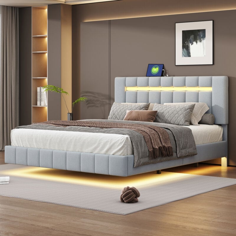 foto del prodotto okwish letto imbottito 160x200 cm, struttura letto sospesa imbottita con luci a led e testiera, letto piatto per ospiti in lino grigio delicato