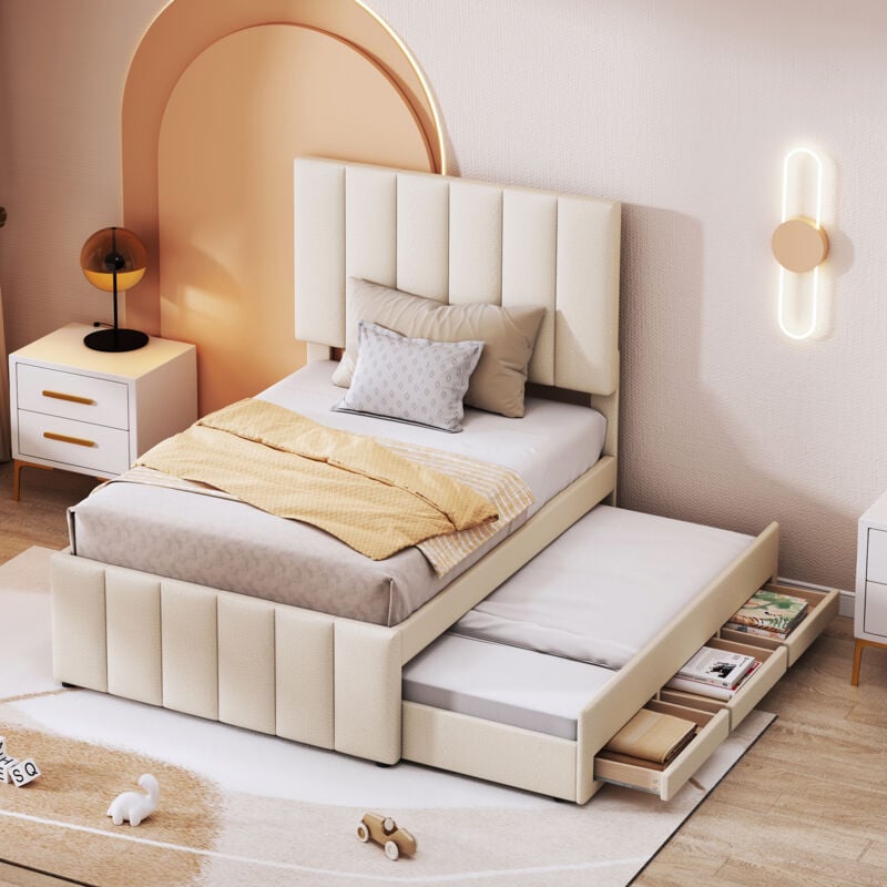 foto del prodotto okwish letto imbottito 90 x 200 cm con cassetti estraibili e portaoggetti, rivestimento in lino delicato sulla pelle, letto singolo piatto, lettino